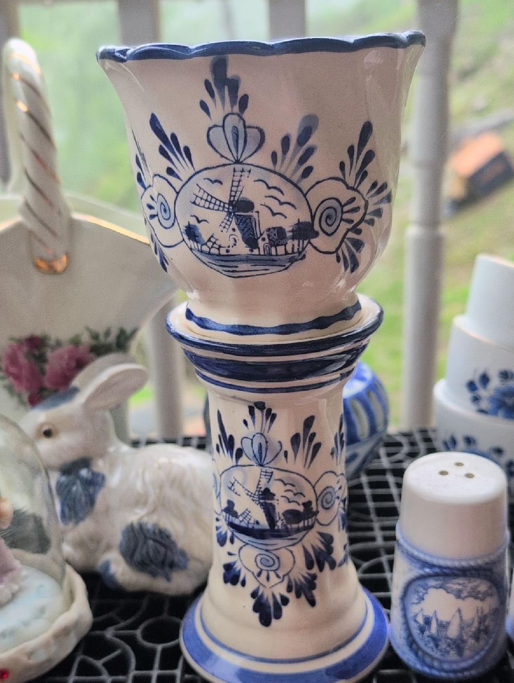 Vintage Blue and White Ceramic Candle Holder with Windmill Motif